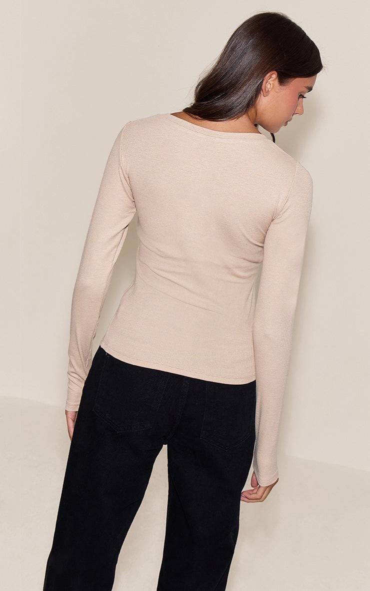 Pretty Little Thing Oatmeal Soft Rib Button Up Fitted Long Sleeve Top