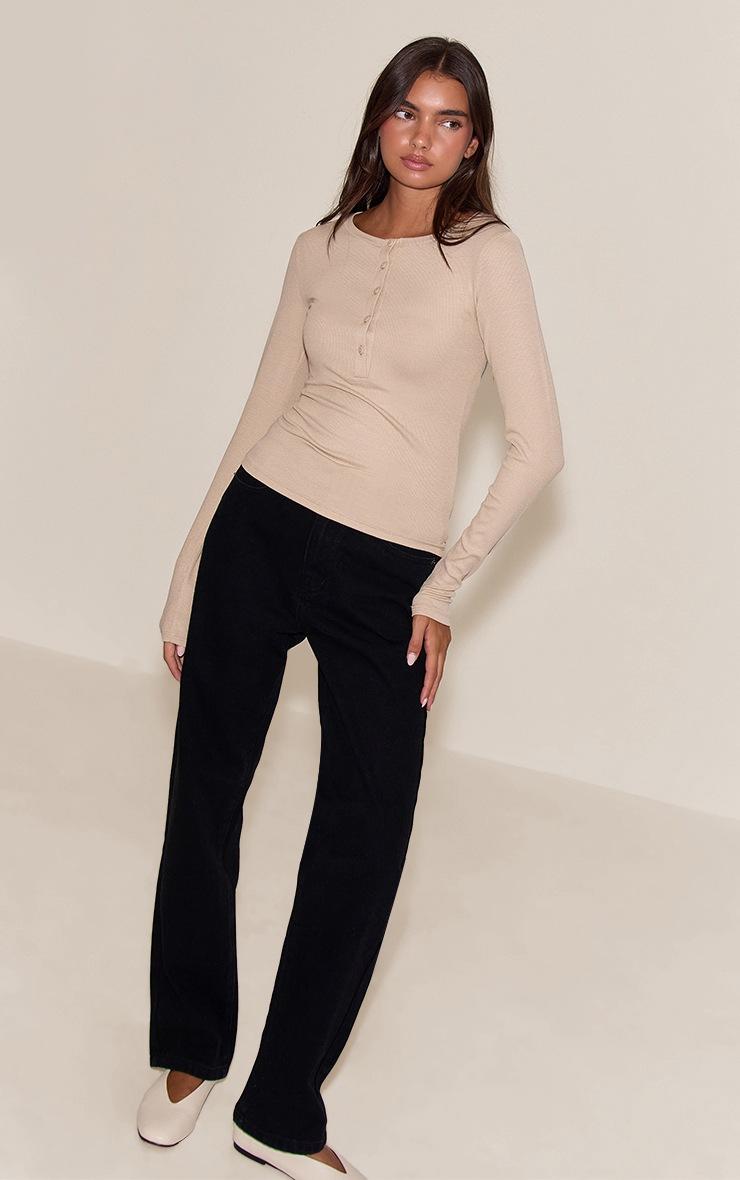 Pretty Little Thing Oatmeal Soft Rib Button Up Fitted Long Sleeve Top