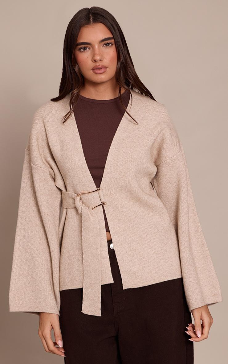 Pretty Little Thing Oatmeal Trim Detail Wrap Style Cardigan