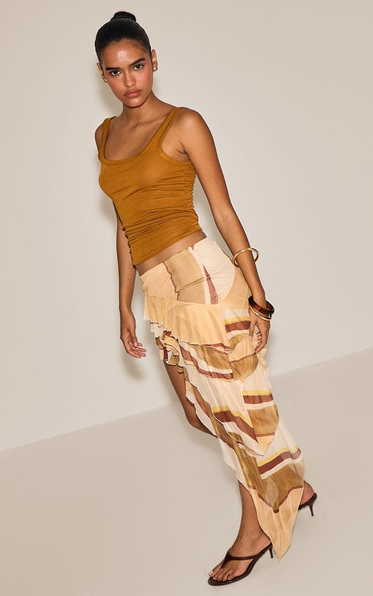 Pretty Little Thing Olive Abstract Printed Mesh Rara Asymmetric Midaxi Skirt