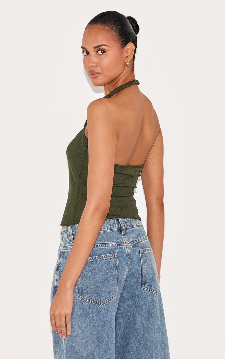 Pretty Little Thing Olive Burnout Mesh Twist Halter Neck Long Top
