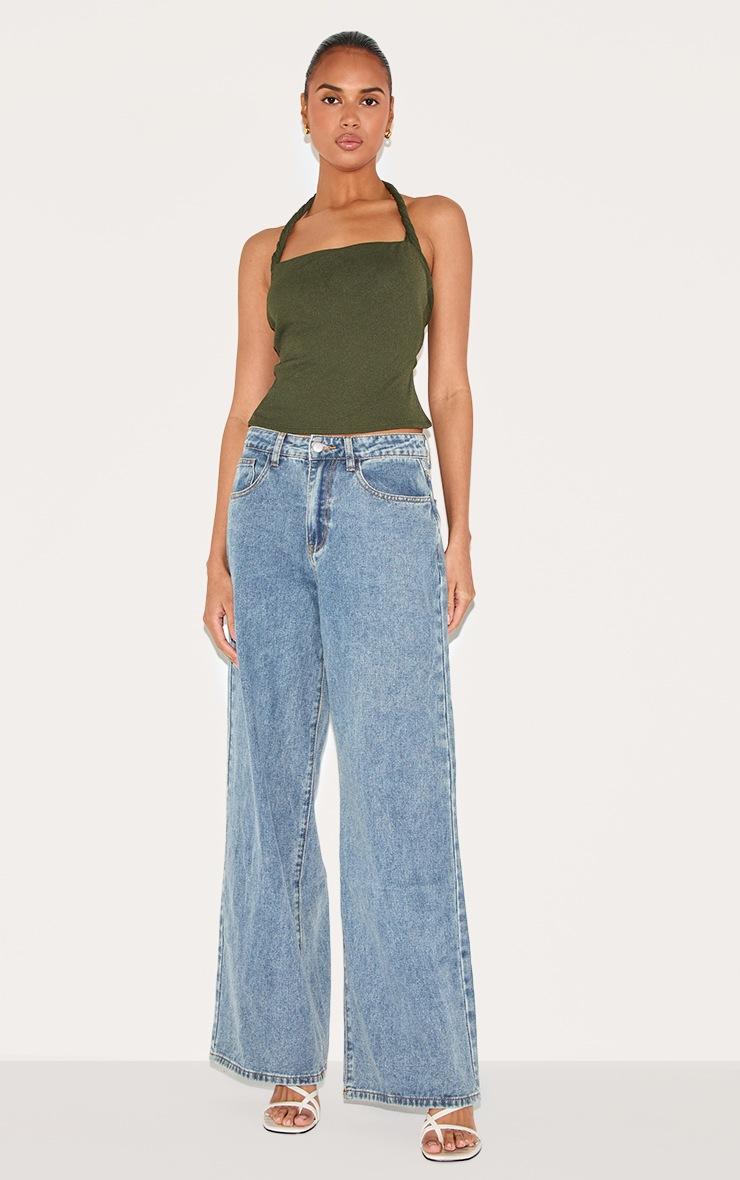 Pretty Little Thing Olive Burnout Mesh Twist Halter Neck Long Top