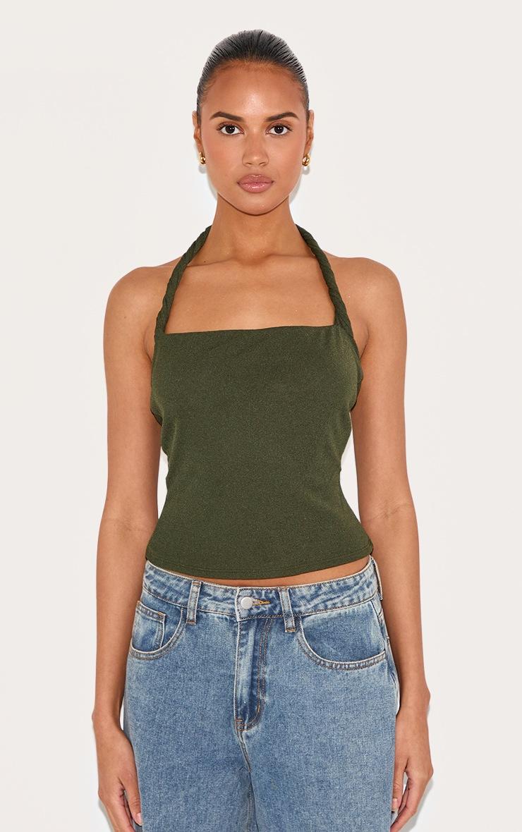 Pretty Little Thing Olive Burnout Mesh Twist Halter Neck Long Top