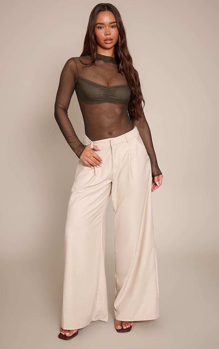 Pretty Little Thing Olive Bust Panel Mesh High Neck Long Sleeve Bodysuit