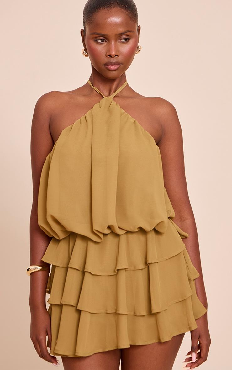 Pretty Little Thing Olive Chiffon Frill Detail Halterneck Romper