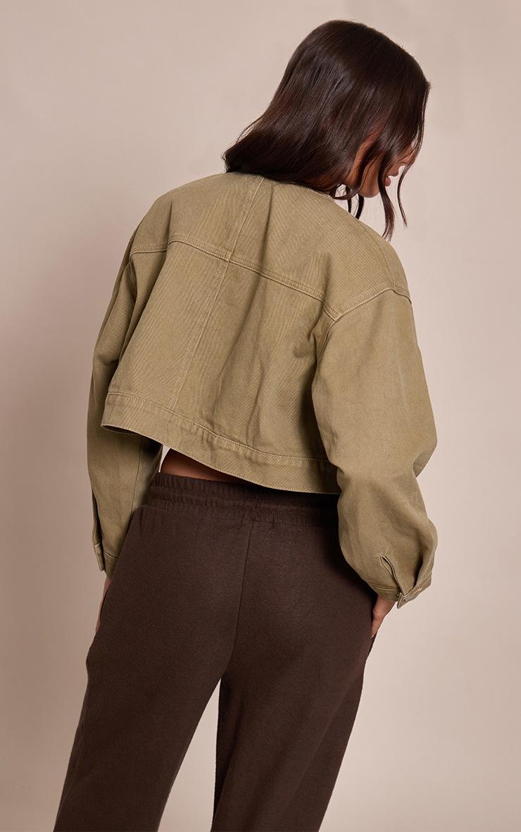 Pretty Little Thing Olive Collarless Cropped Denim Jacket