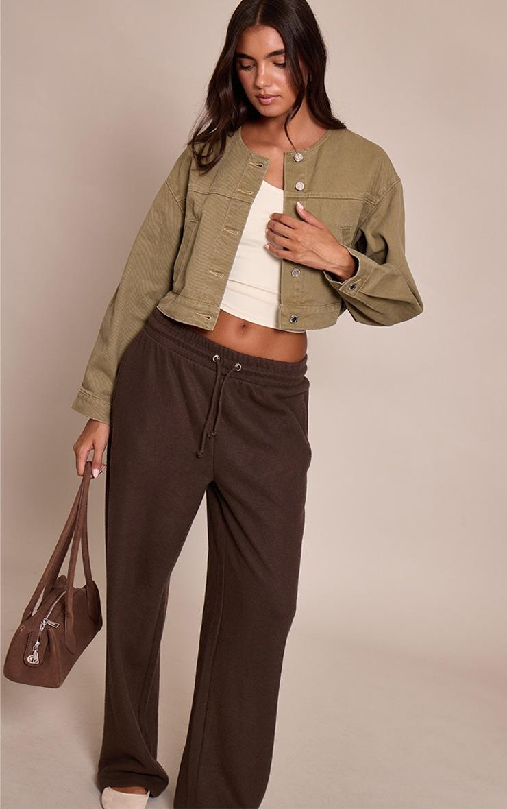 Pretty Little Thing Olive Collarless Cropped Denim Jacket