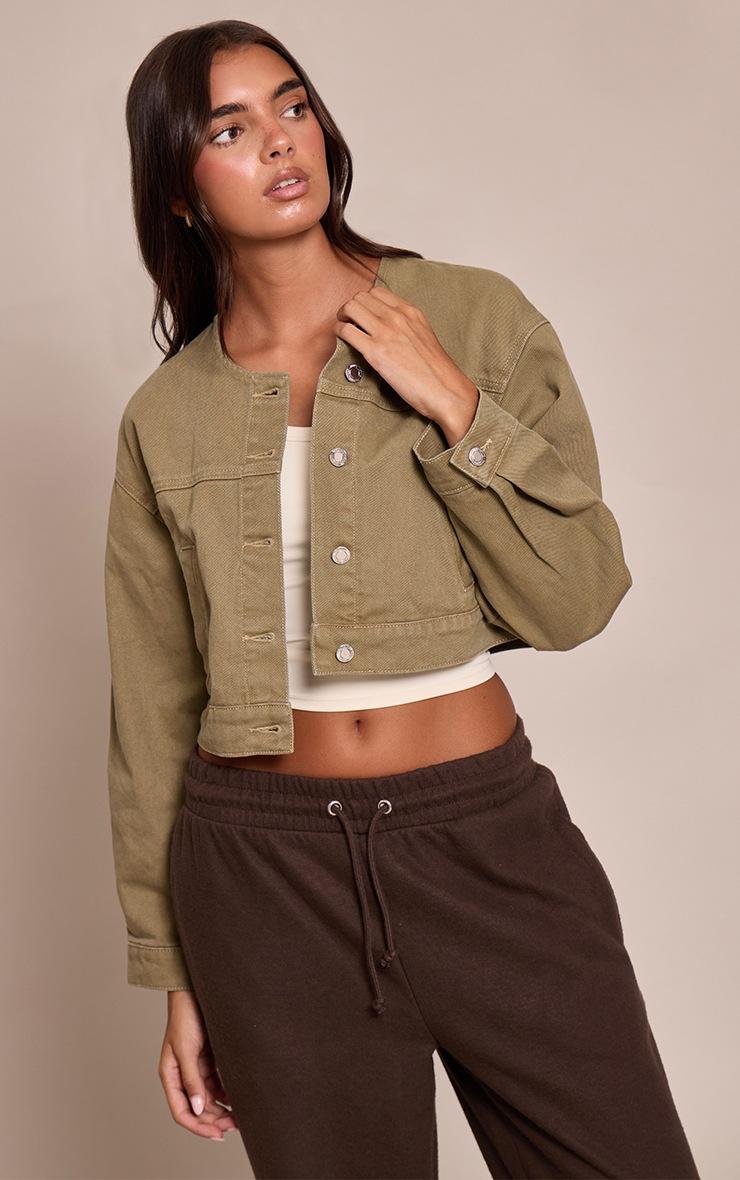 Pretty Little Thing Olive Collarless Cropped Denim Jacket