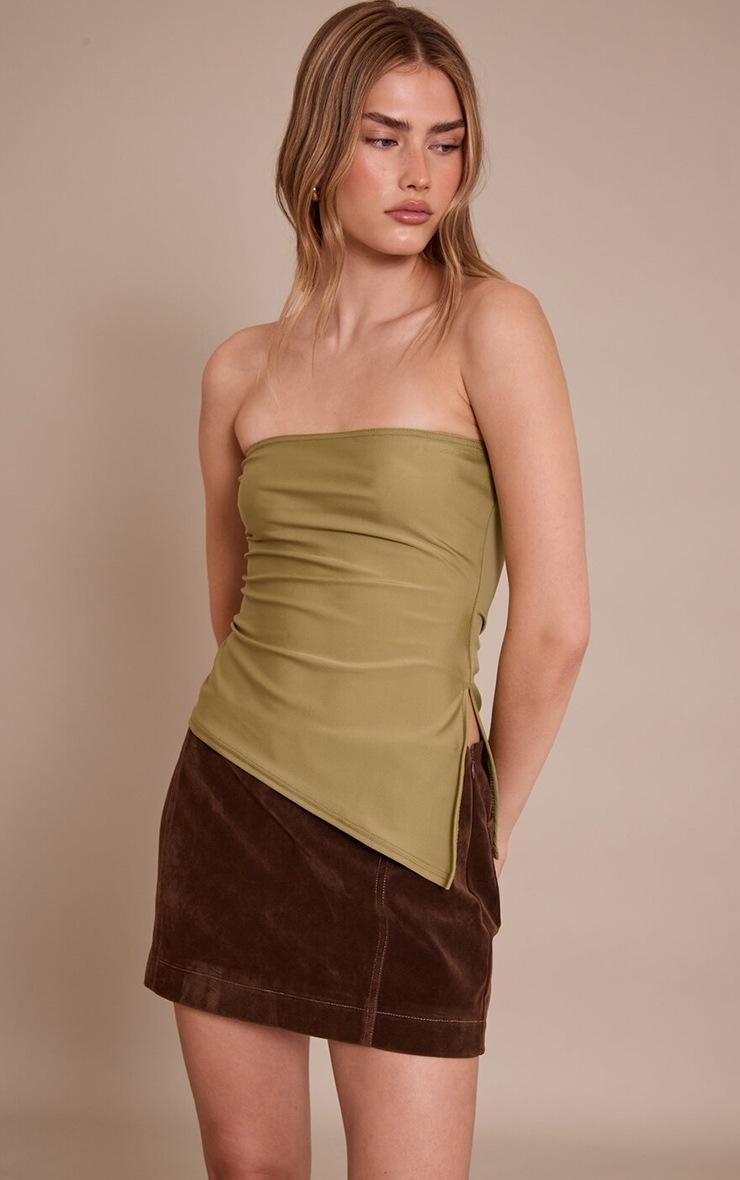 Pretty Little Thing Olive Contour Slinky Bandeau Asymmetric Split Hem Longline Top