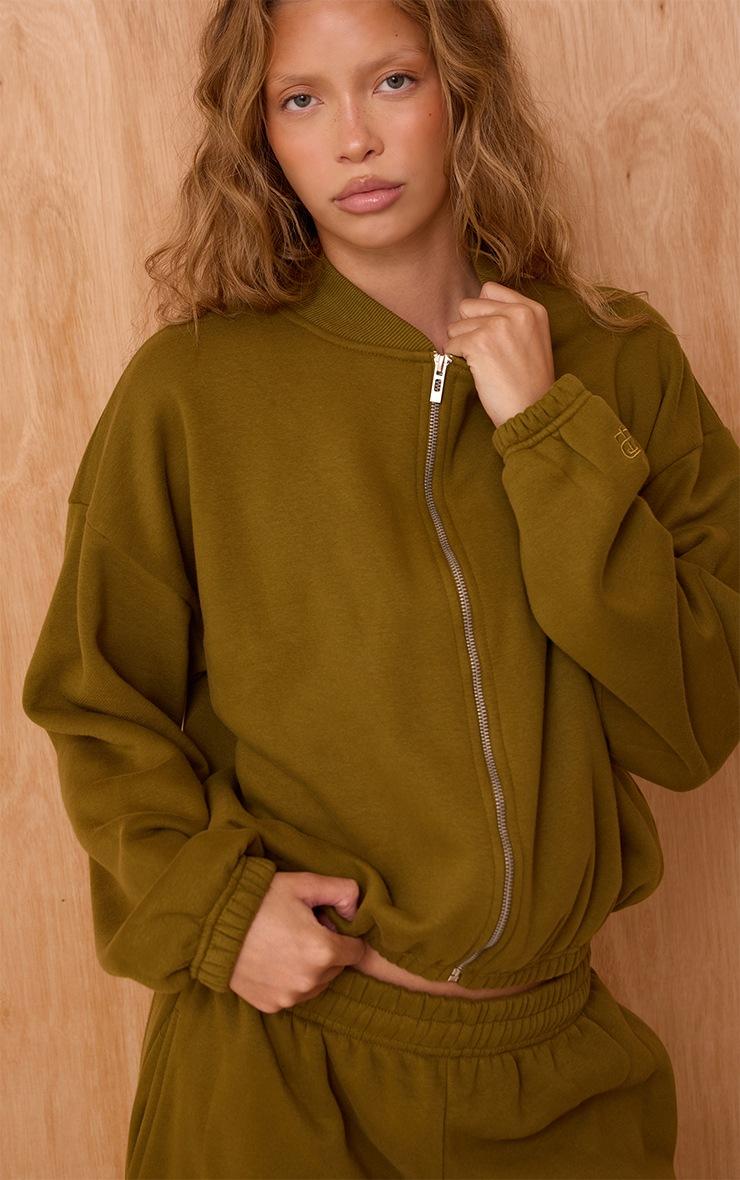 Pretty Little Thing Olive Cotton Fleece Bomber Jacket