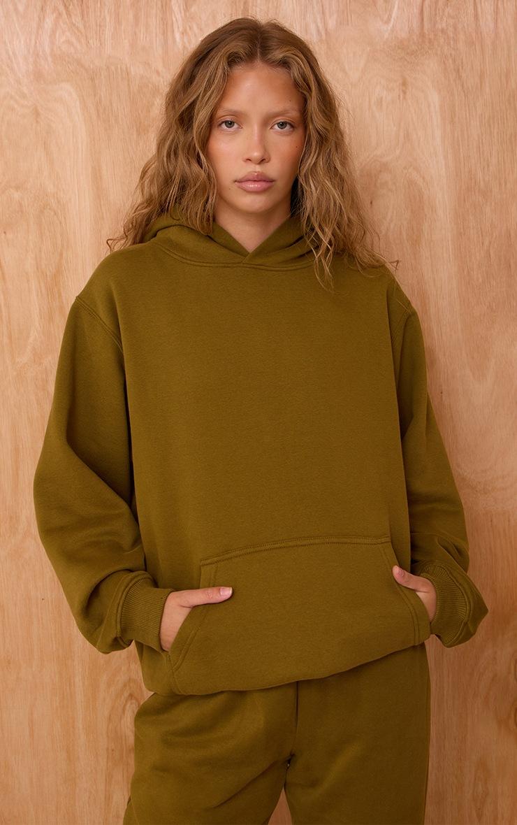 Pretty Little Thing Olive Cotton Fleece Oversized Pull Over Hoodie