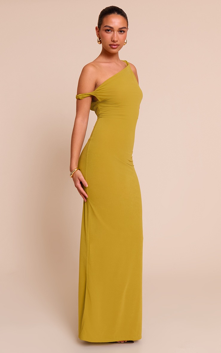 Pretty Little Thing Olive Double Layered Chiffon Asymmetric Maxi Dress