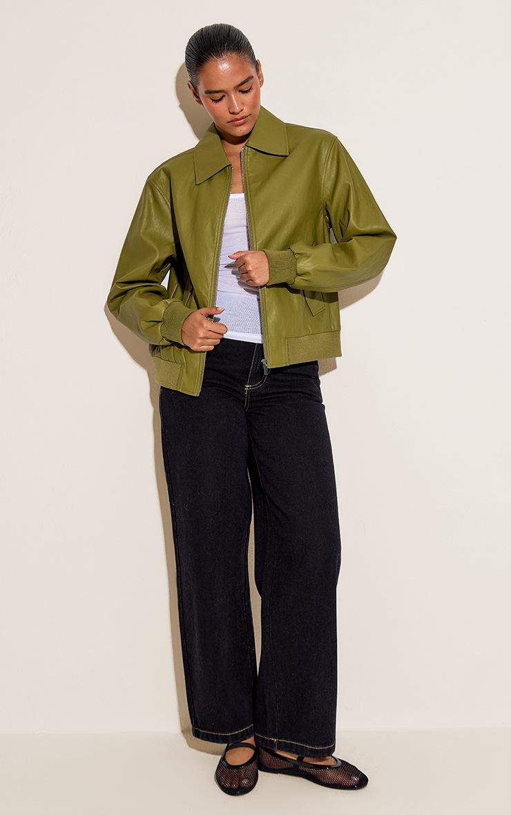Pretty Little Thing Olive Faux Leather Bomber Jacket