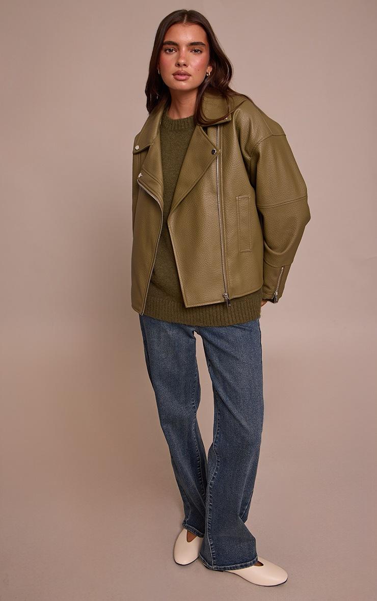 Pretty Little Thing Olive Faux Leather Oversized Biker Jacket
