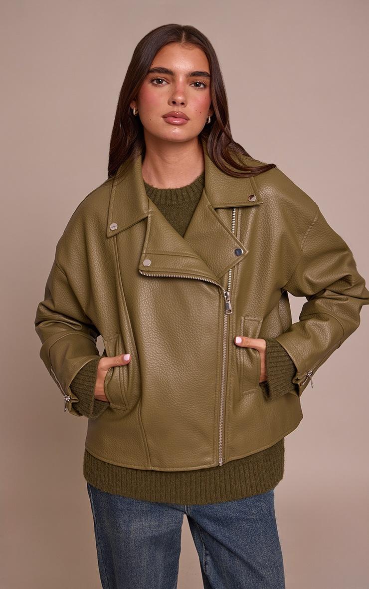 Pretty Little Thing Olive Faux Leather Oversized Biker Jacket
