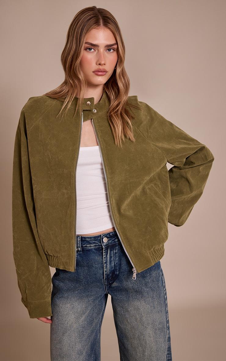 Pretty Little Thing Olive Faux Suede Racer Neck Jacket