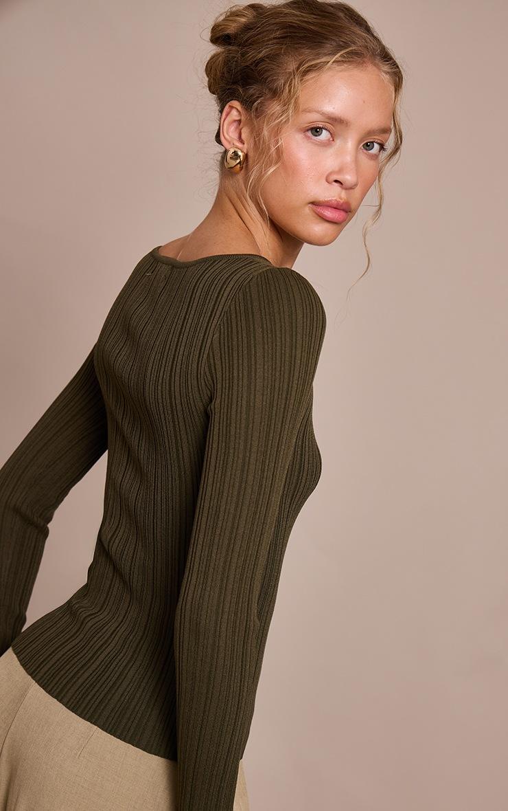 Pretty Little Thing Olive Fine Knit Boat Neck Rib Knit Top