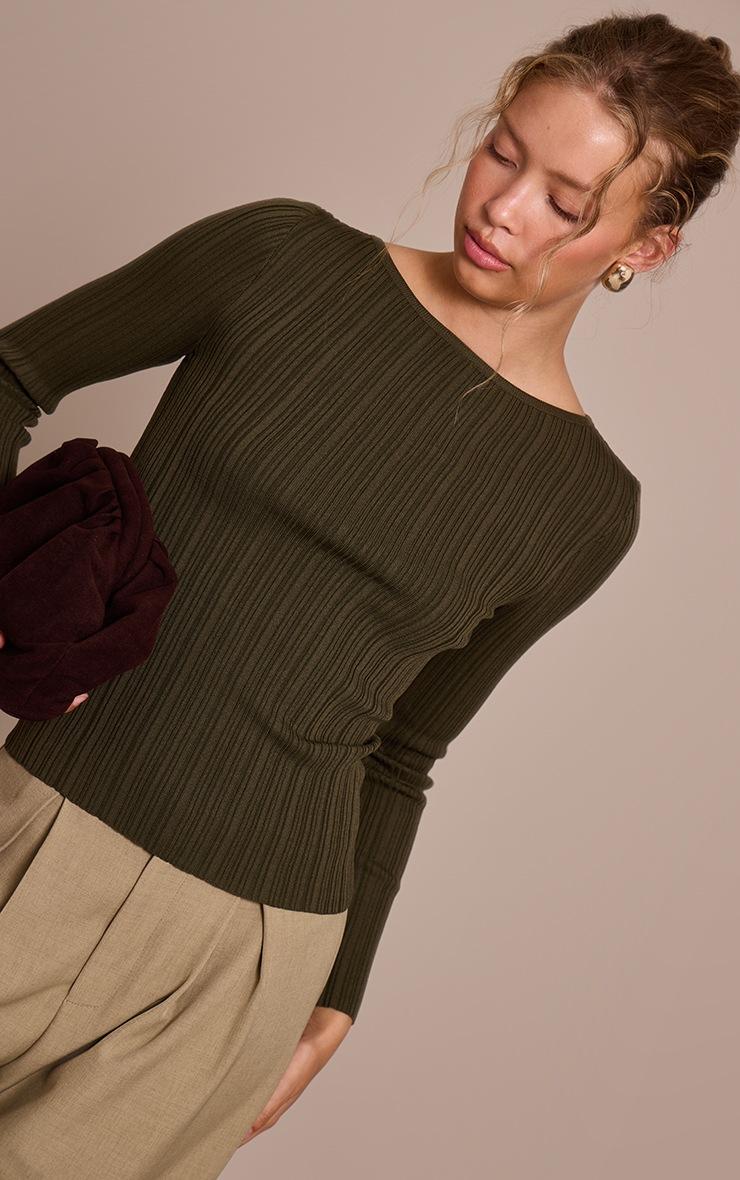 Pretty Little Thing Olive Fine Knit Boat Neck Rib Knit Top