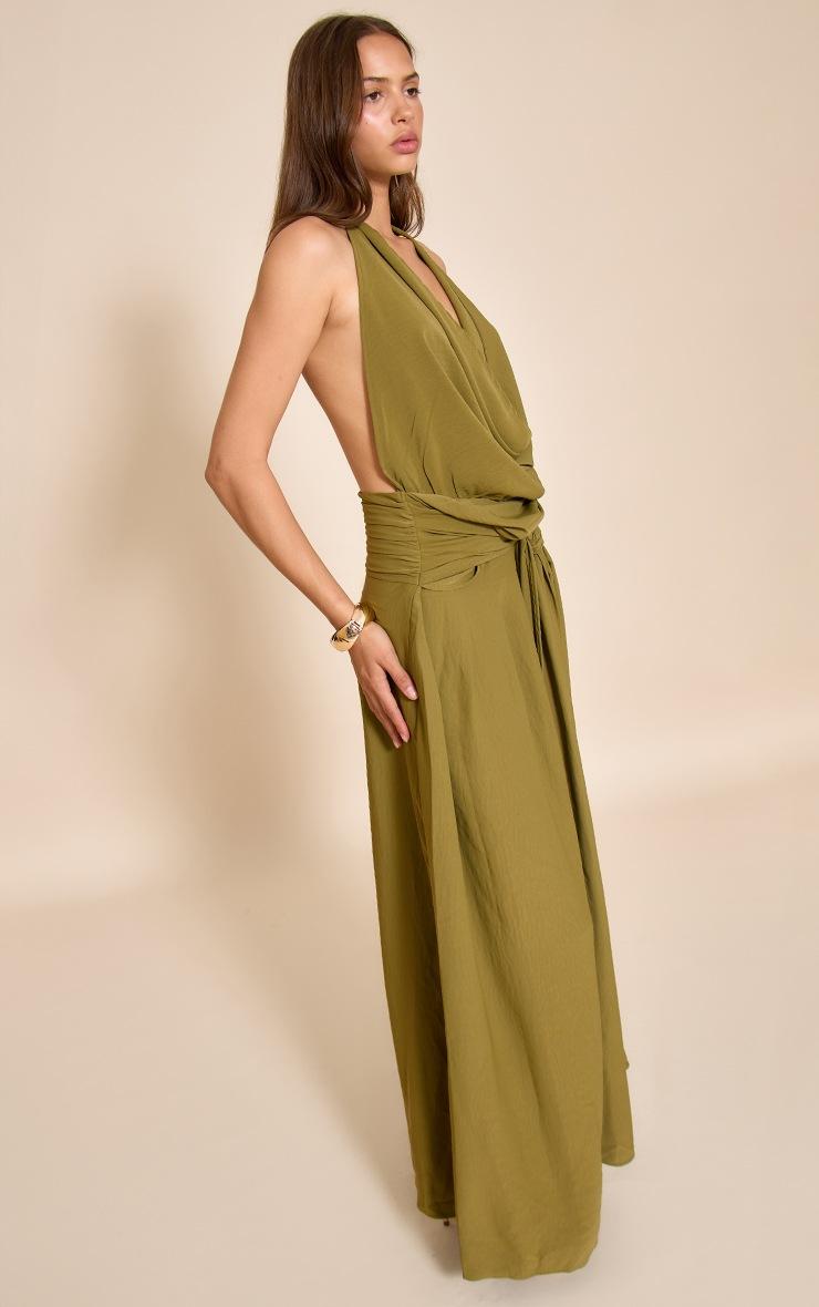 Pretty Little Thing Olive Floaty Woven Cowl Neck Low Back Maxi Dress
