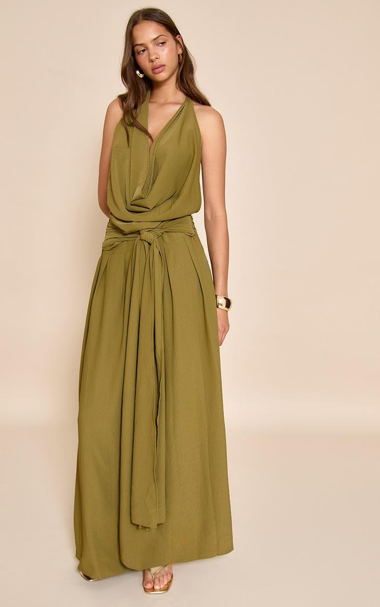 Pretty Little Thing Olive Floaty Woven Cowl Neck Low Back Maxi Dress