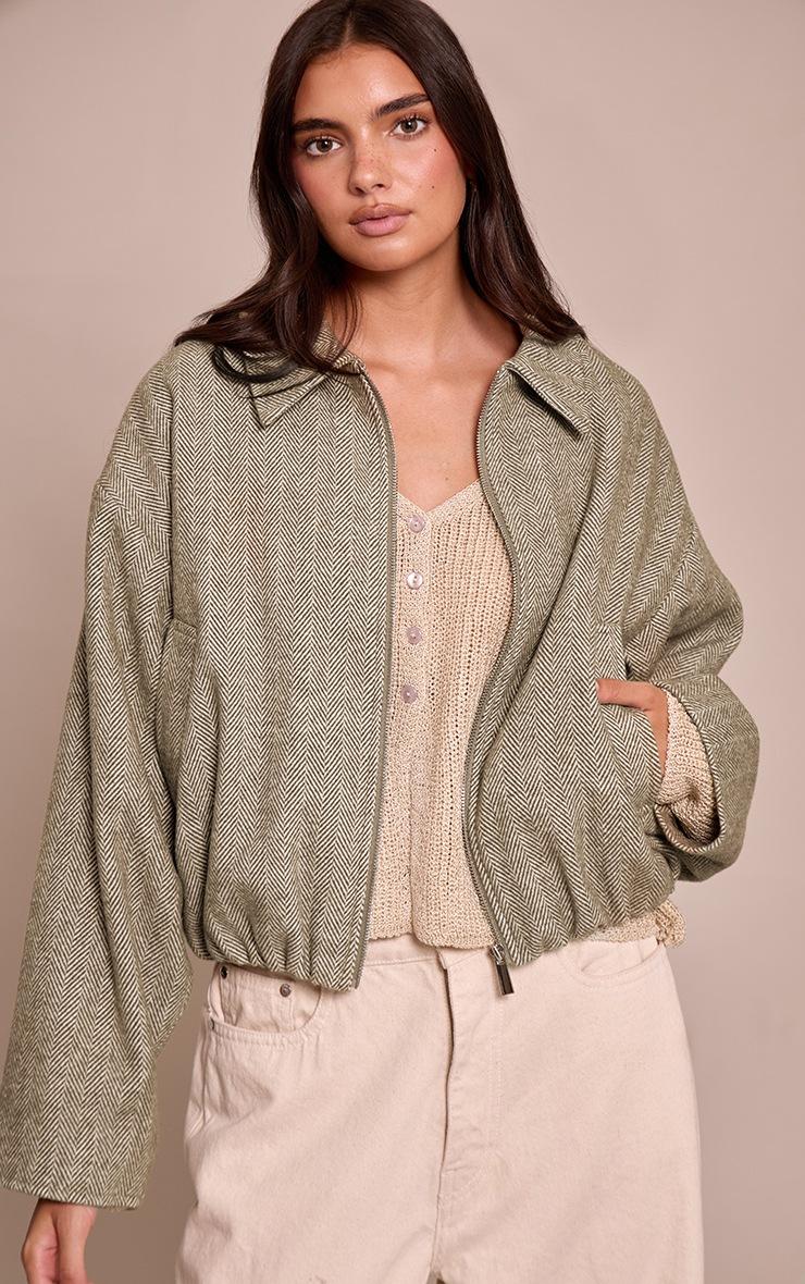 Pretty Little Thing Olive Herringbone Bomber Jacket