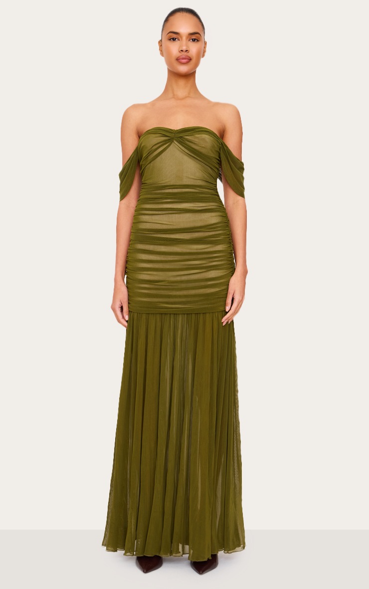 Pretty Little Thing Olive Mesh Bardot Ruched Detail Maxi Dress