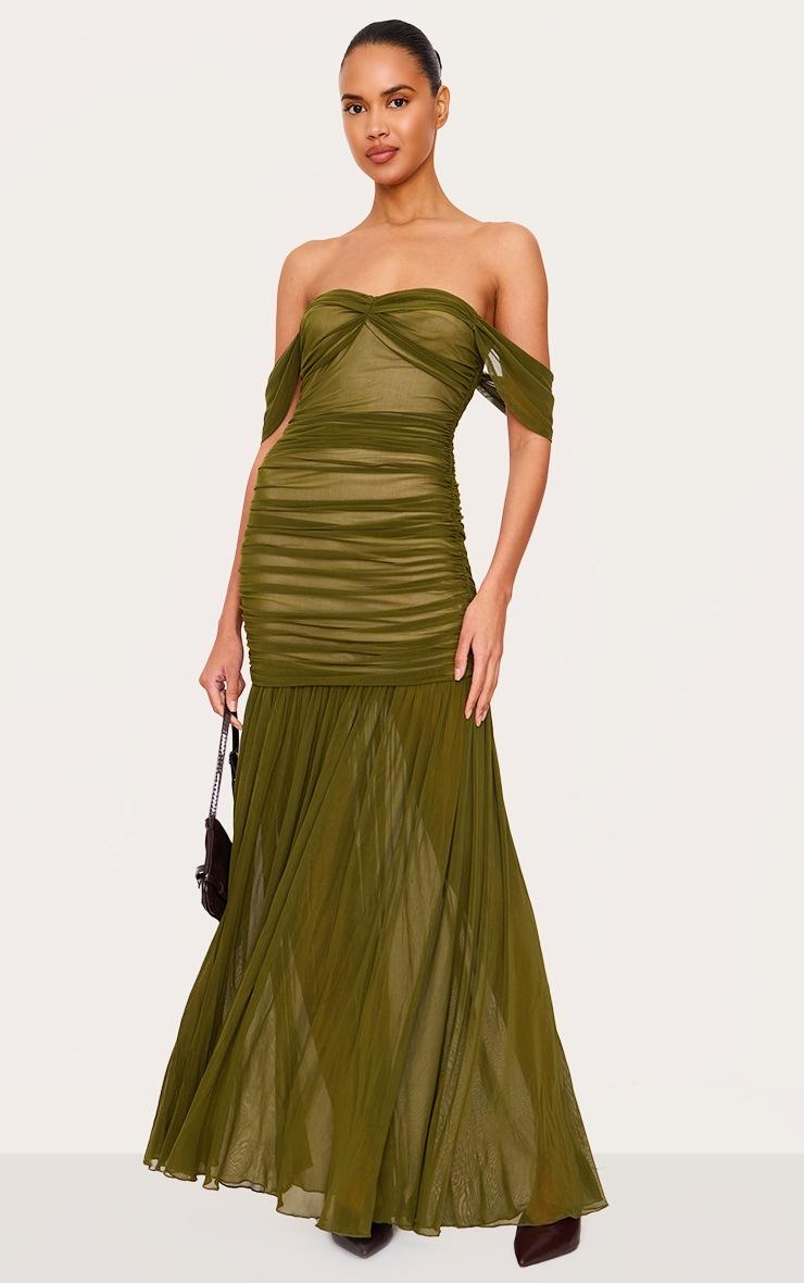 Pretty Little Thing Olive Mesh Bardot Ruched Detail Maxi Dress