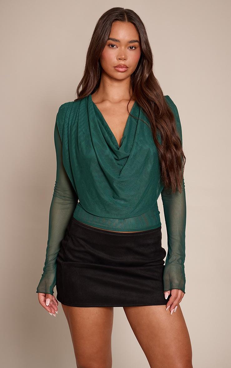 Pretty Little Thing Olive Mesh Cowl Long Sleeve Top