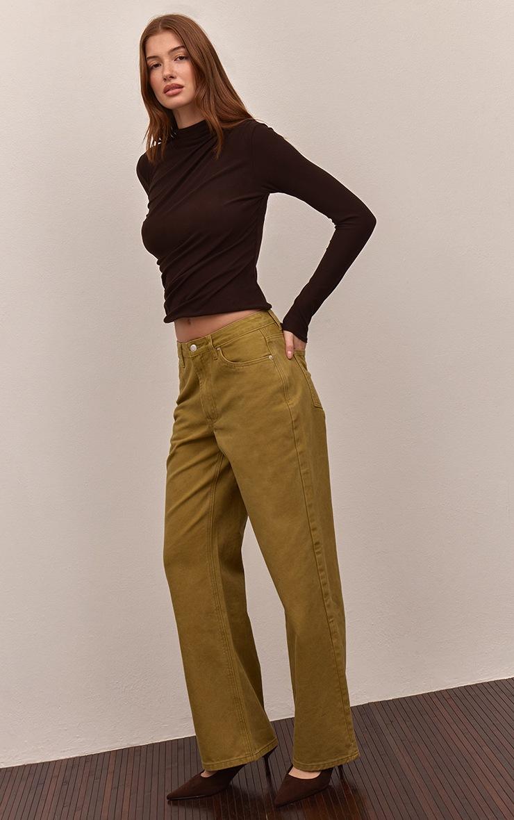 Pretty Little Thing Olive Mid Waist Straight Leg Denim Jeans