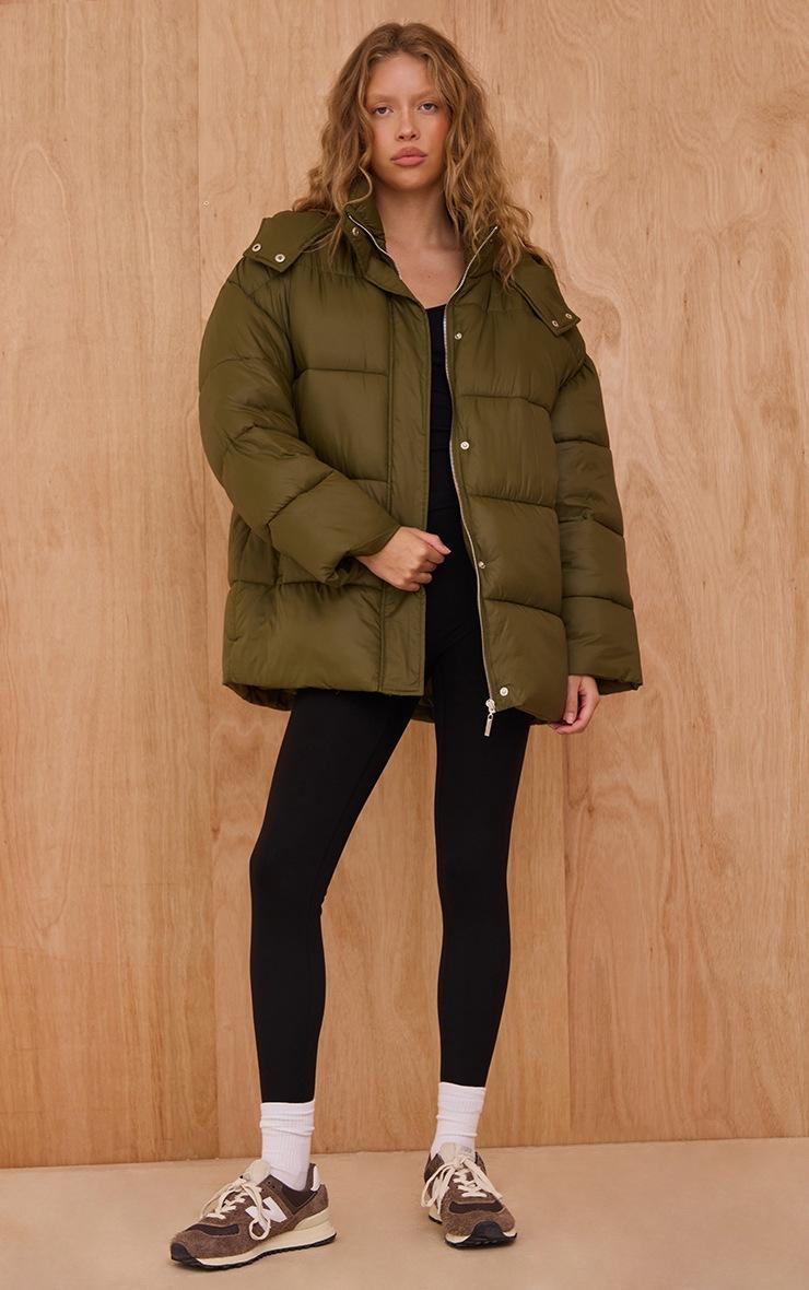 Pretty Little Thing Olive Oversized Hooded Puffer Jacket