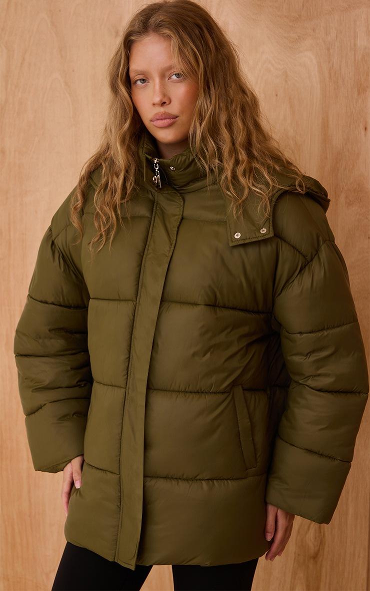 Pretty Little Thing Olive Oversized Hooded Puffer Jacket