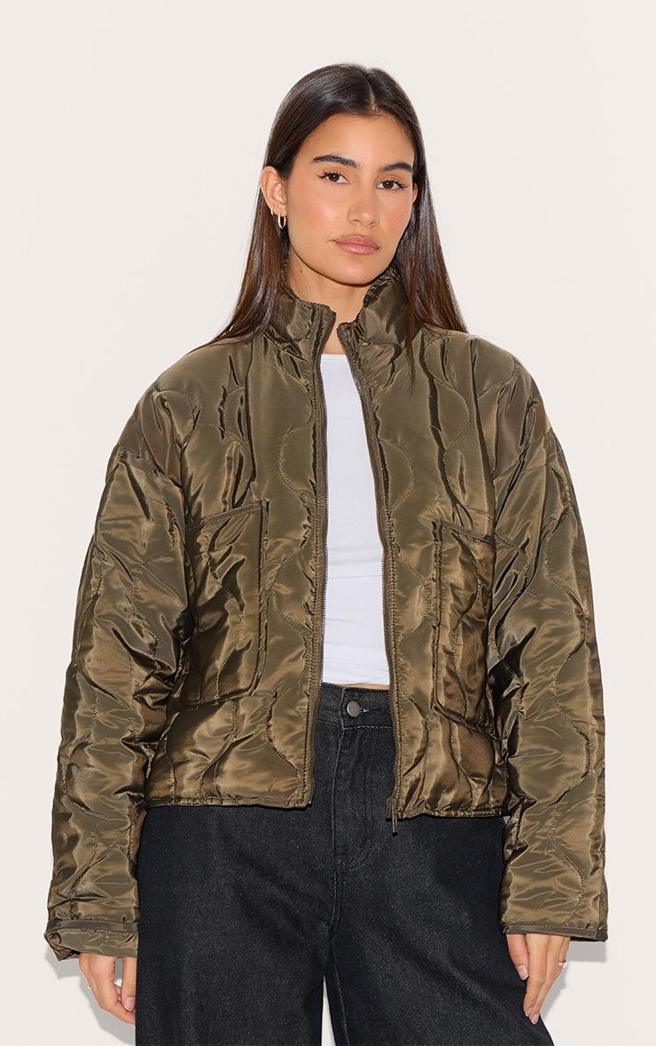 Pretty Little Thing Olive Padded Wave Funnel Neck Jacket