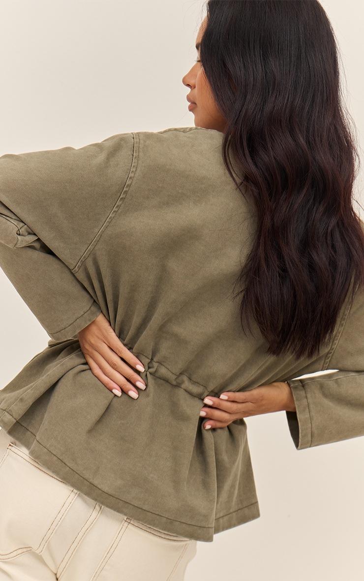 Pretty Little Thing Olive Round Neck Pocket Front Cinch Denim Jacket