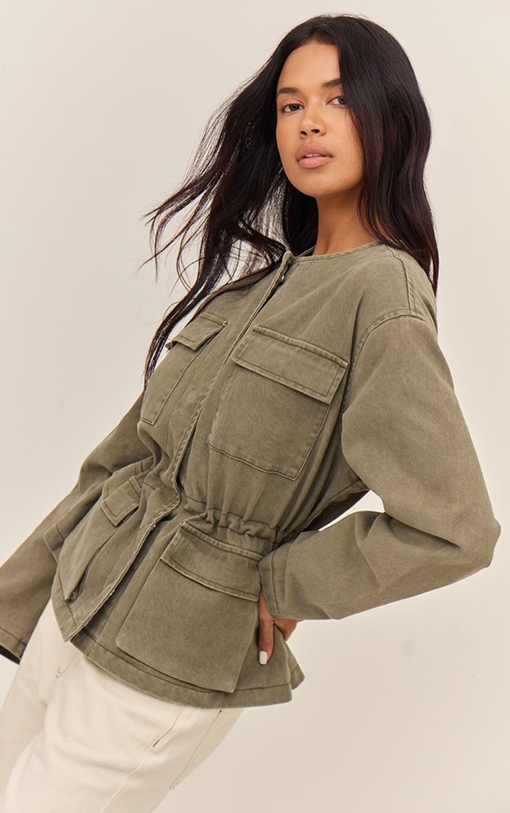 Pretty Little Thing Olive Round Neck Pocket Front Cinch Denim Jacket