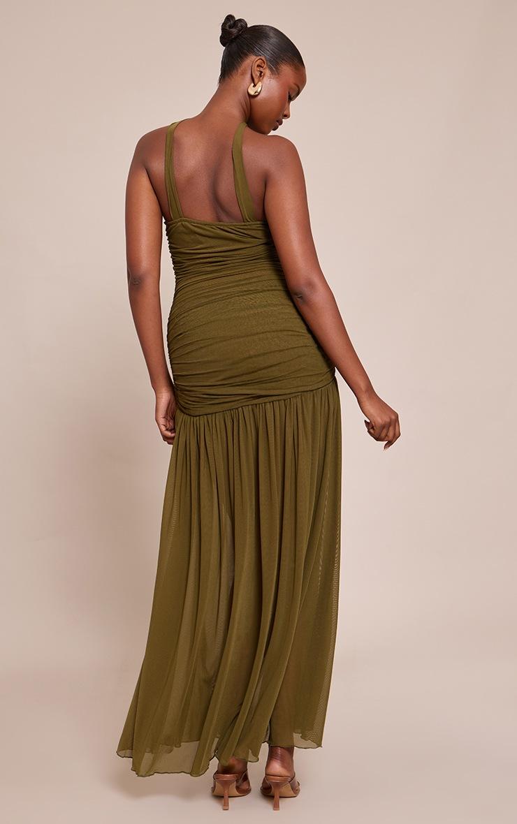 Pretty Little Thing Olive Ruched Scarf Dropped Waist Maxi Dress