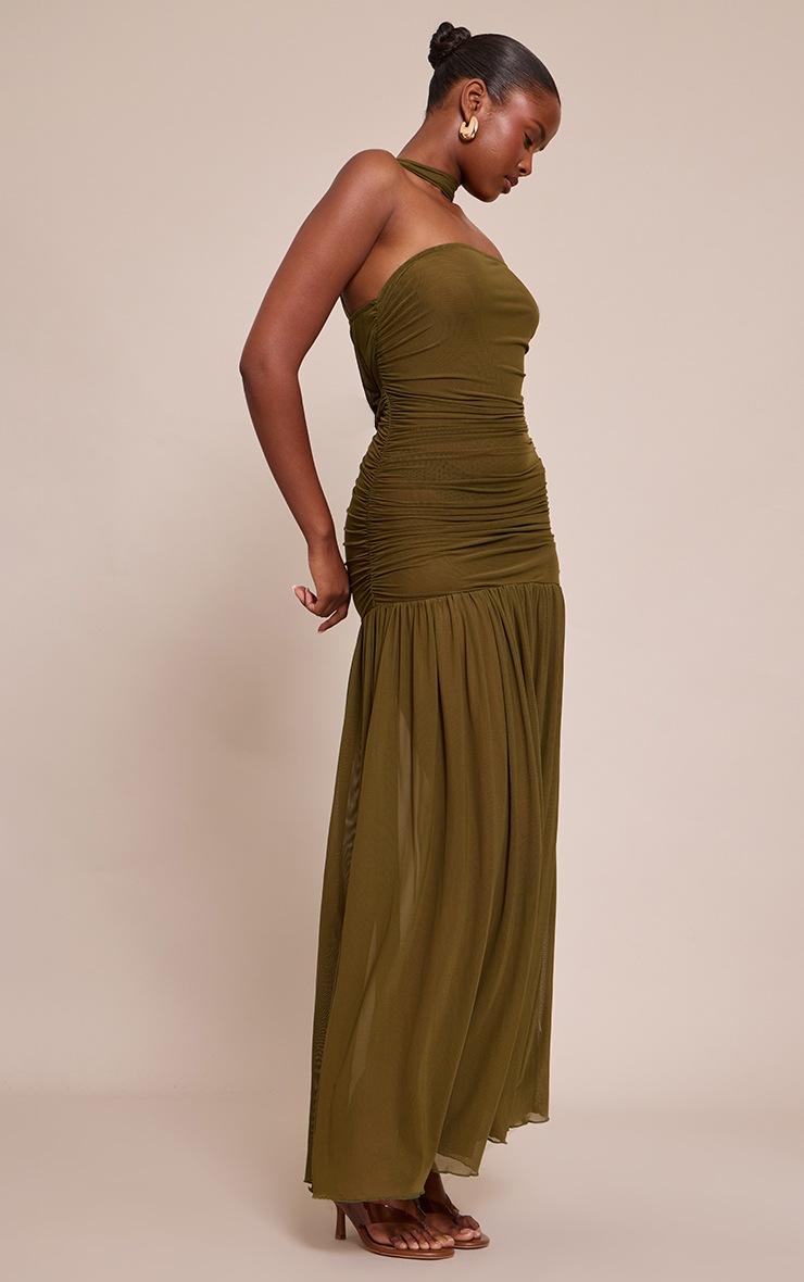 Pretty Little Thing Olive Ruched Scarf Dropped Waist Maxi Dress