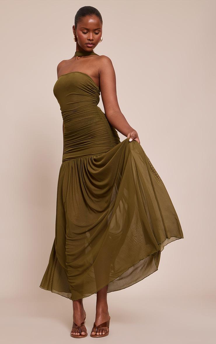 Pretty Little Thing Olive Ruched Scarf Dropped Waist Maxi Dress