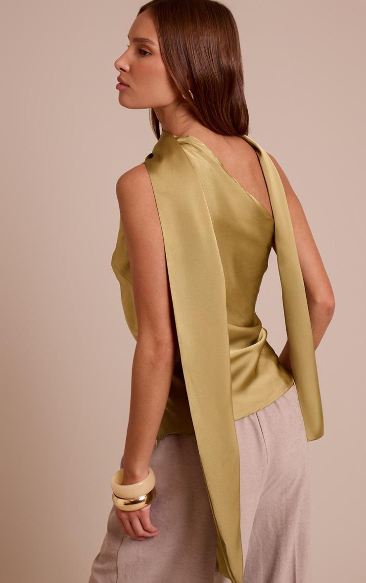 Pretty Little Thing Olive Satin Asymmetric Scarf Detail Top