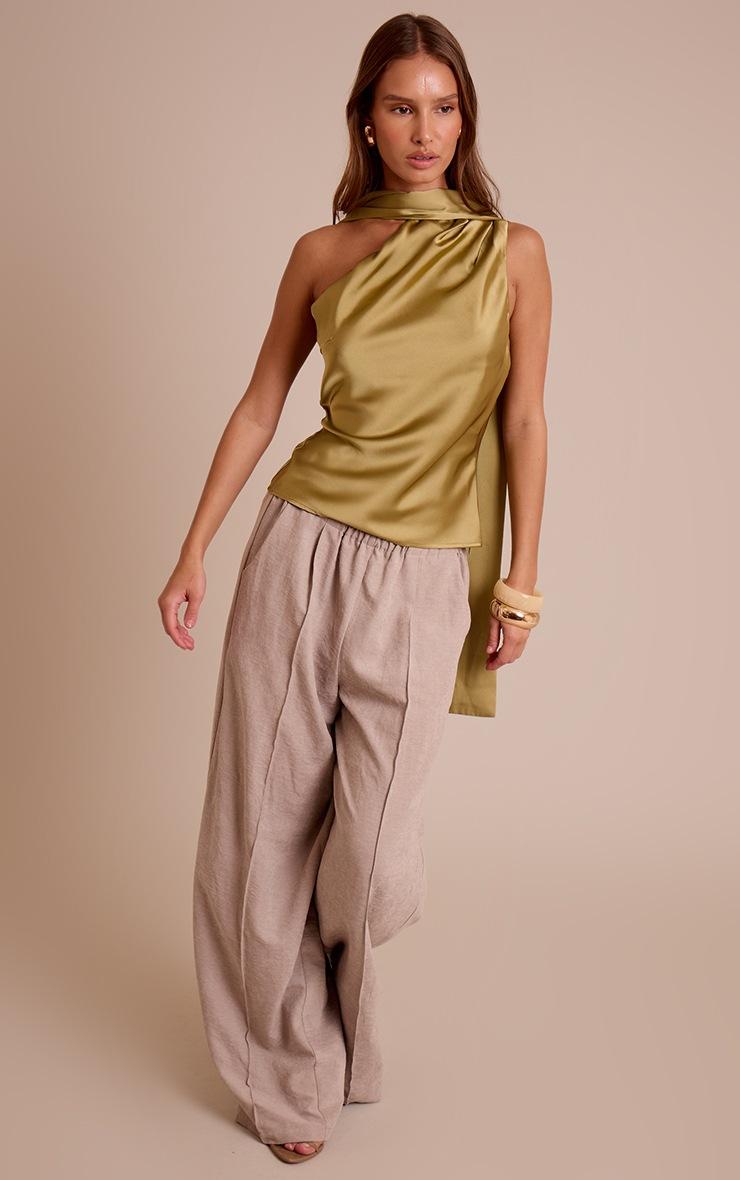 Pretty Little Thing Olive Satin Asymmetric Scarf Detail Top