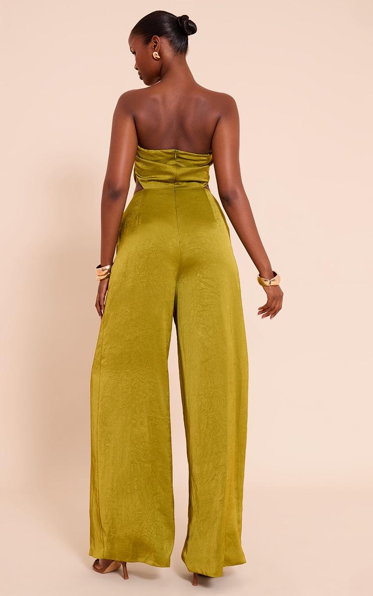 Pretty Little Thing Olive Satin Knot Cut Out Wide Leg Jumpsuit