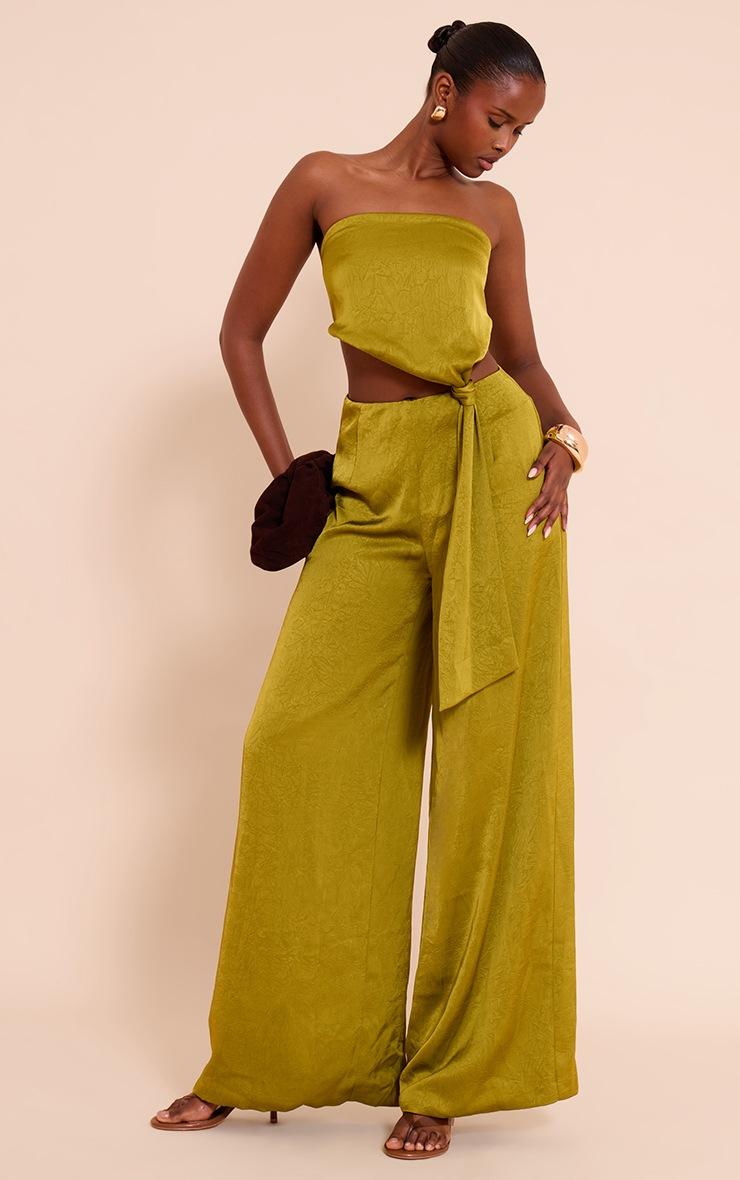 Pretty Little Thing Olive Satin Knot Cut Out Wide Leg Jumpsuit