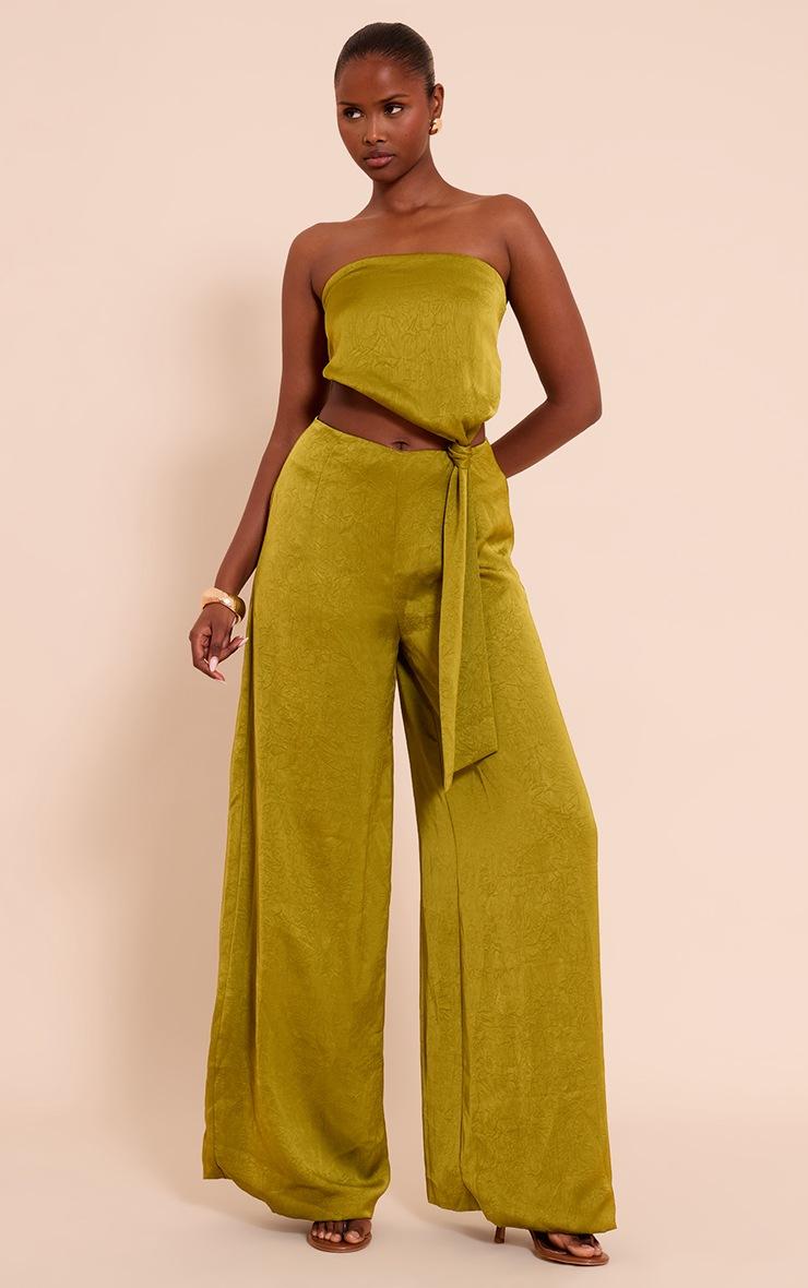 Pretty Little Thing Olive Satin Knot Cut Out Wide Leg Jumpsuit