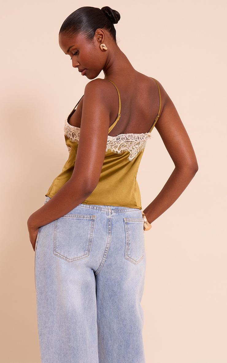 Pretty Little Thing Olive Satin Lace Panel Strappy Cami Top