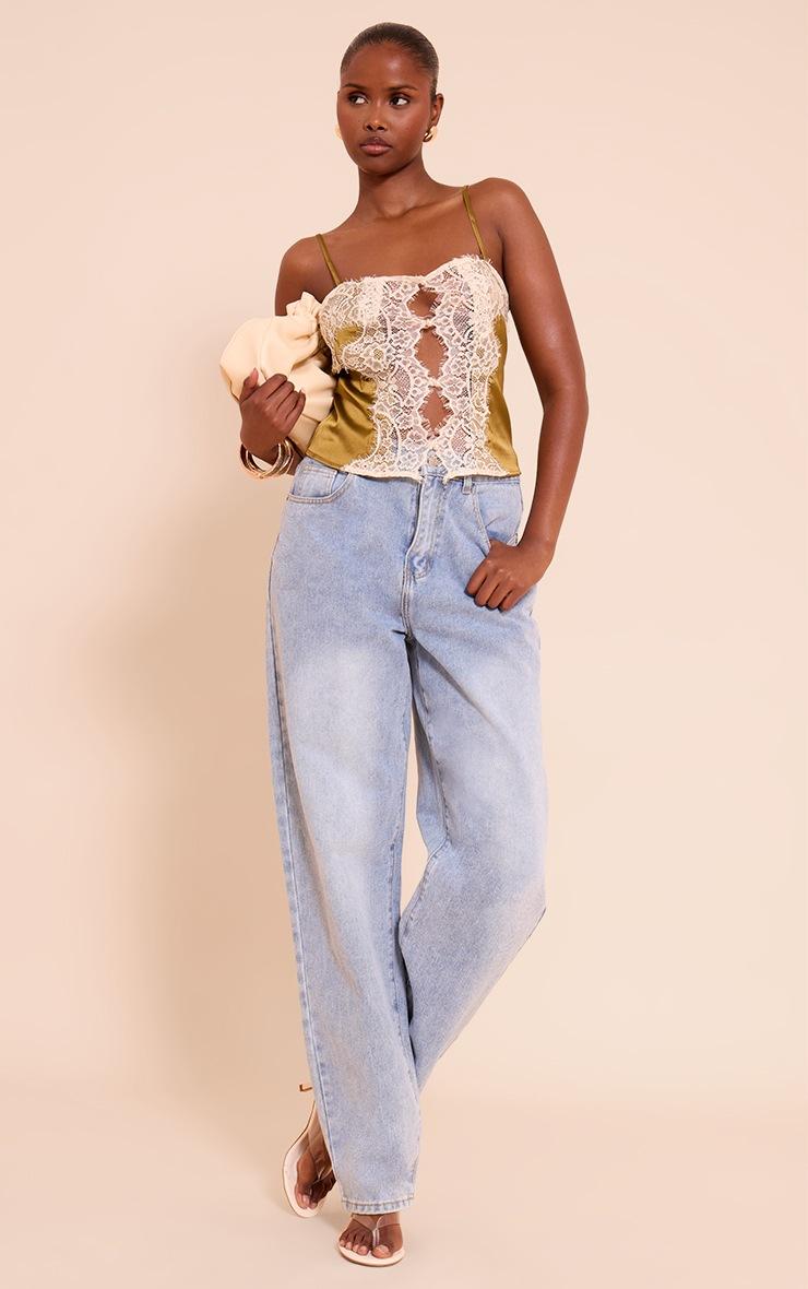 Pretty Little Thing Olive Satin Lace Panel Strappy Cami Top