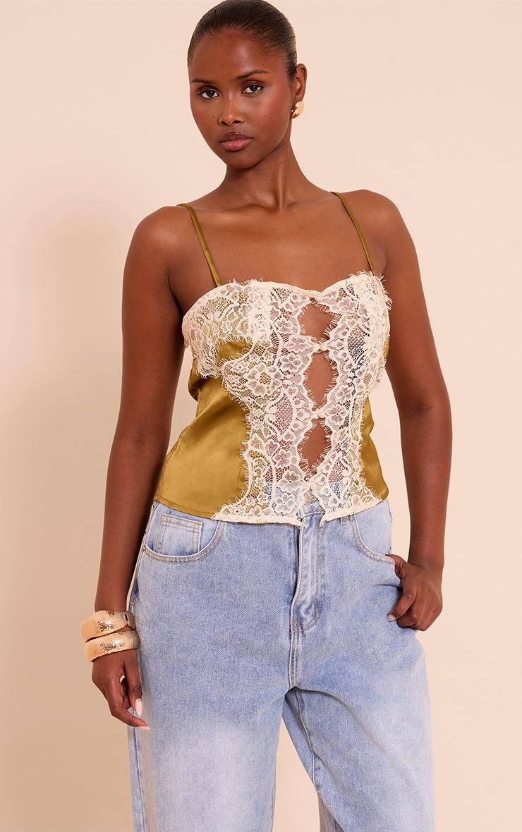 Pretty Little Thing Olive Satin Lace Panel Strappy Cami Top