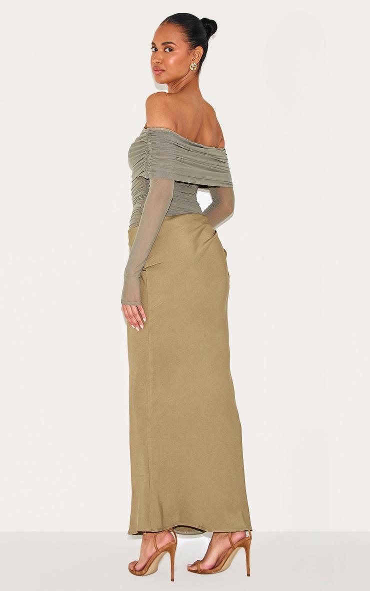 Pretty Little Thing Olive Satin Mesh Detail Bardot Maxi Dress
