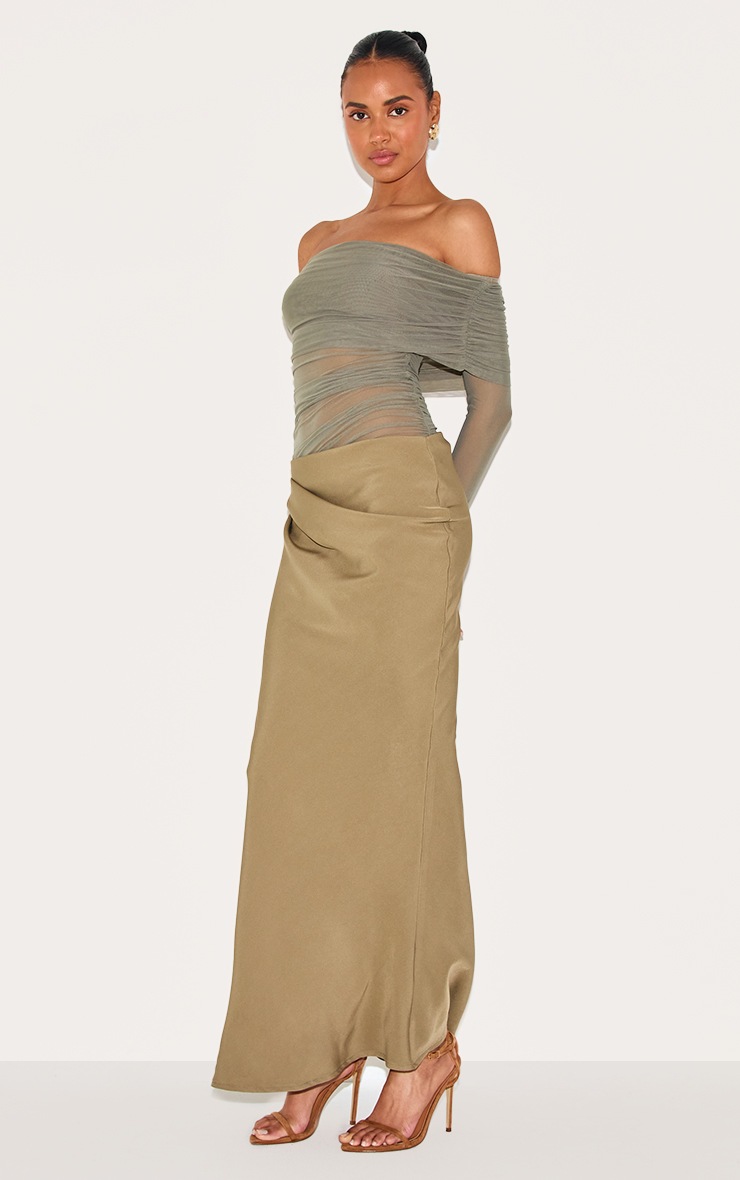 Pretty Little Thing Olive Satin Mesh Detail Bardot Maxi Dress