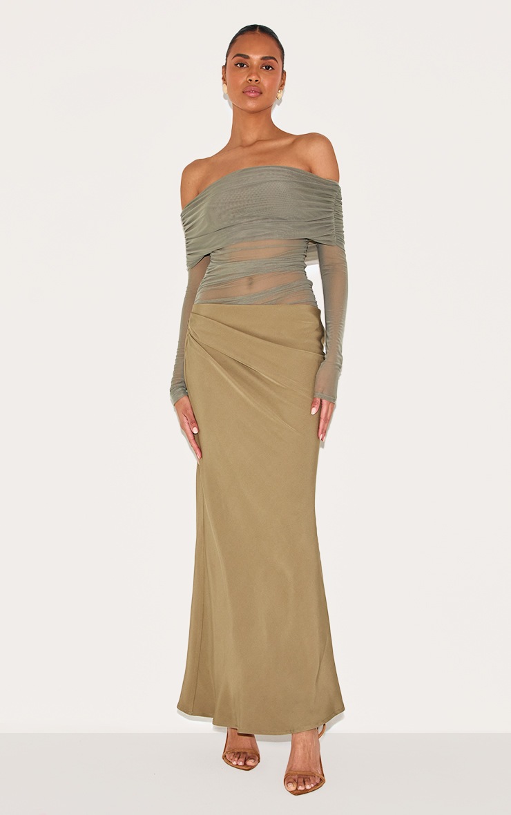 Pretty Little Thing Olive Satin Mesh Detail Bardot Maxi Dress