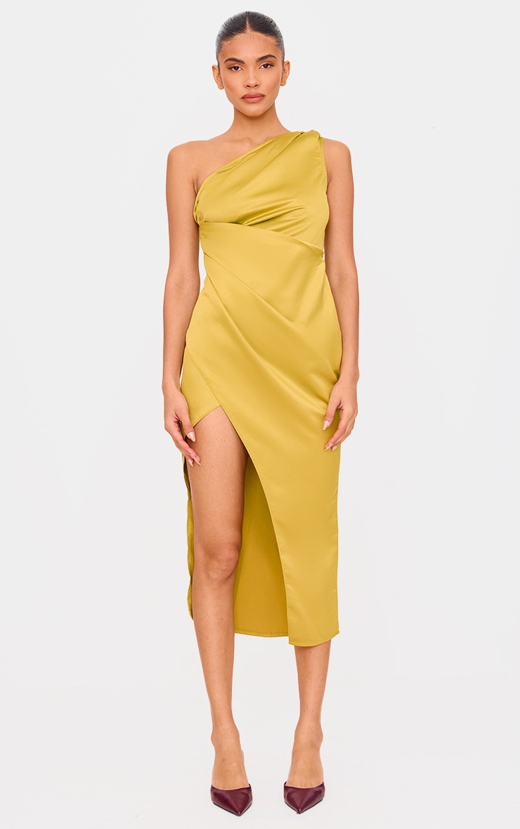 Pretty Little Thing Olive Satin One Shoulder Pleat Detail Midi Dress