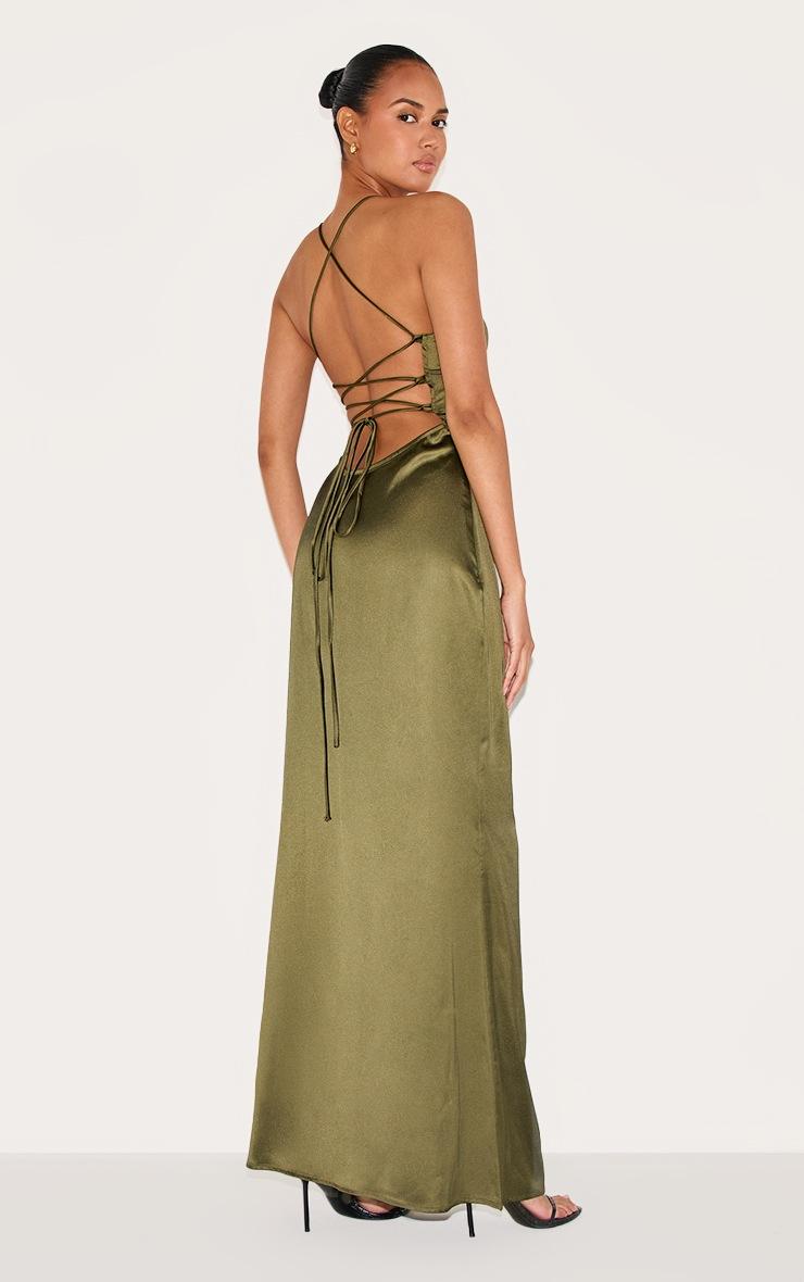 Pretty Little Thing Olive Satin Tie Back Maxi Dress